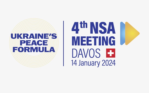 A graphic displaying a circle with the inscription 'Ukraine's peace formula' and the words '4th NSA meeting Davos' next to it. 