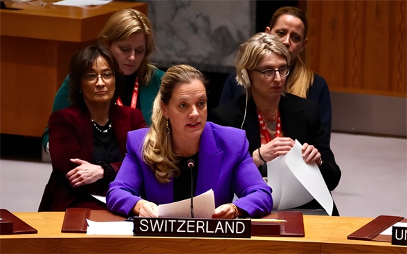 Alexandra Baumann speaks at the horseshoe-shaped table of the UN Security Council.