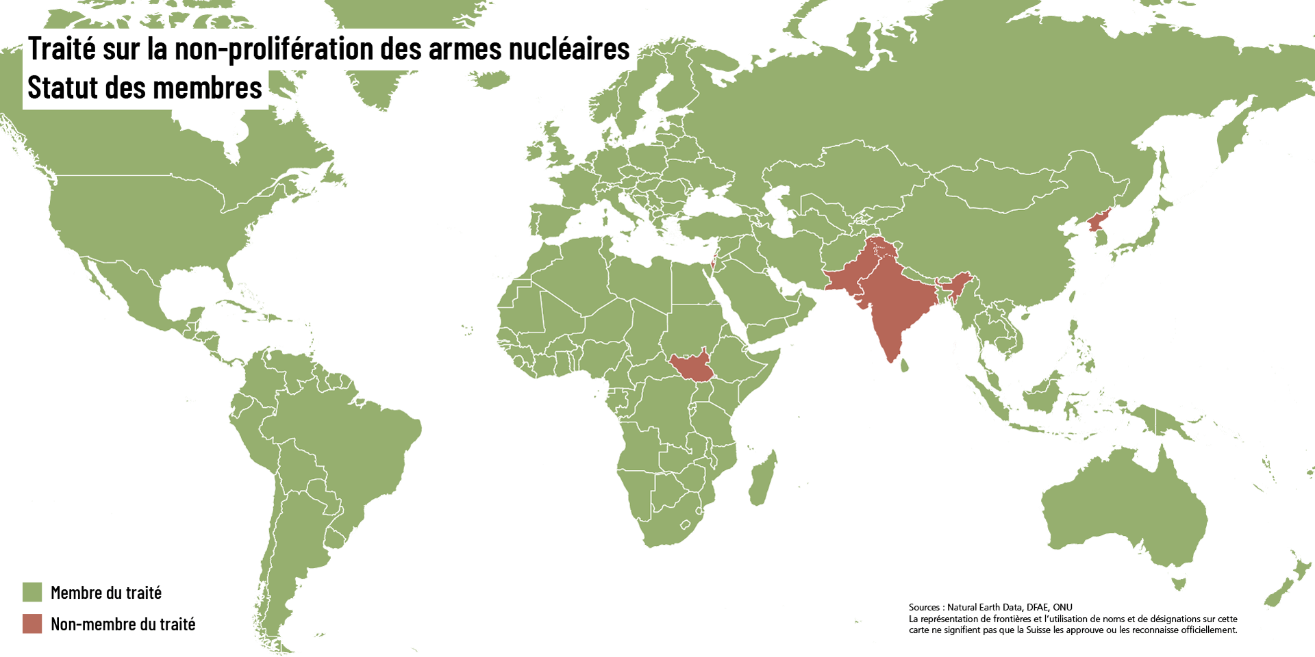 Carte du monde indiquant les 191 États qui ont adhéré au TNP (en vert) et les cinq États qui n’y ont  pas adhéré (en rouge).