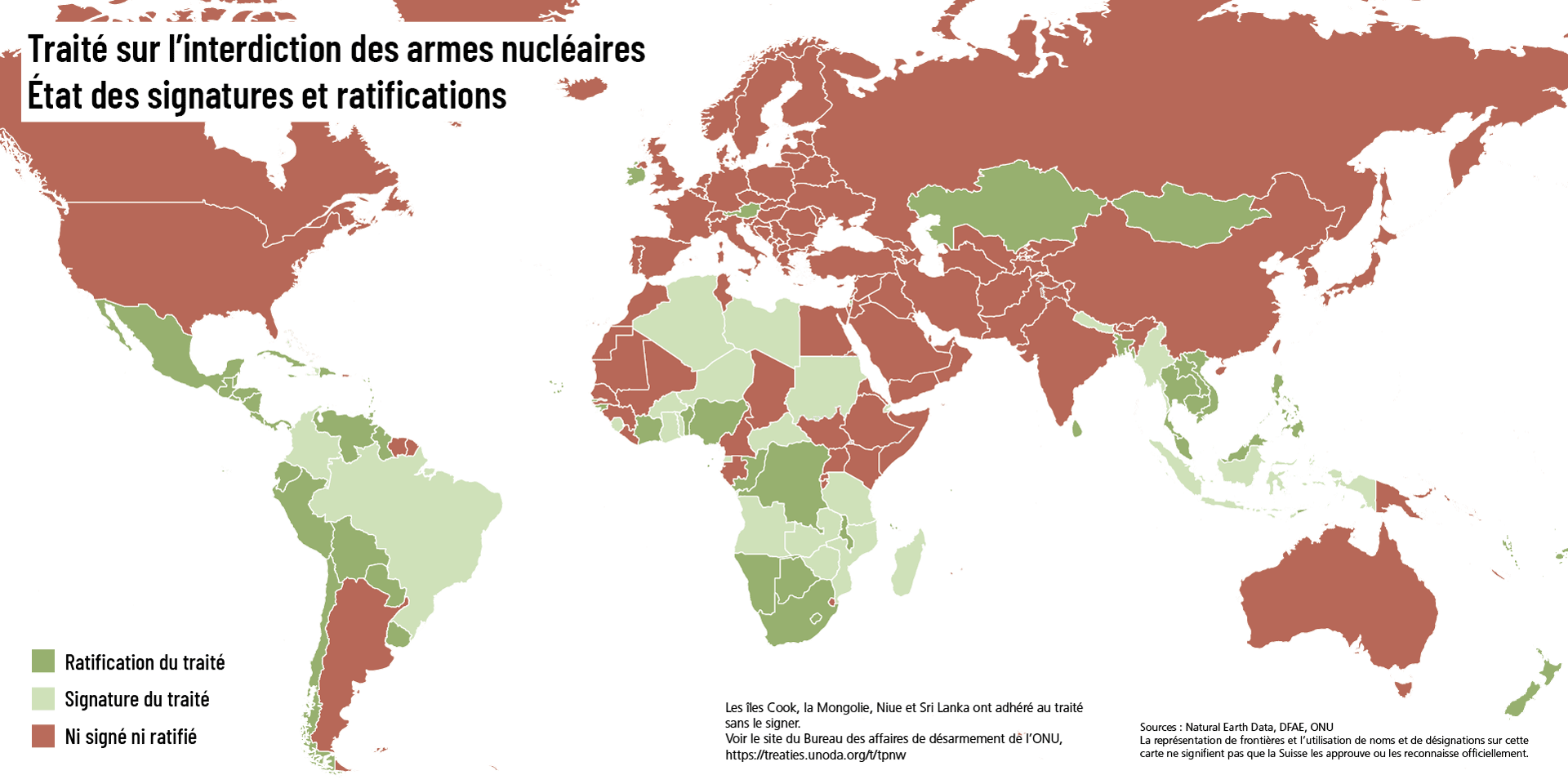 Carte du monde indiquant en vert foncé les 70 États membres du TIAN, en vert clair les 23 États  signataires et en rouge les 102 États qui n’ont pas signé le traité.