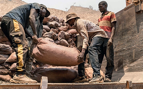 Trois personnes chargent des sacs remplis de minerais dans un camion. 