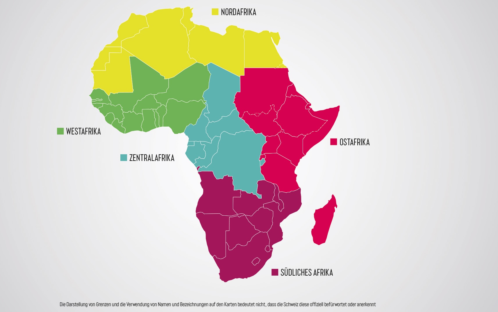 Eine Karte von Afrika, auf der die fünf Schwerpunktregionen der Afrika-Strategie 2025-2028 ausgewiesen sind.