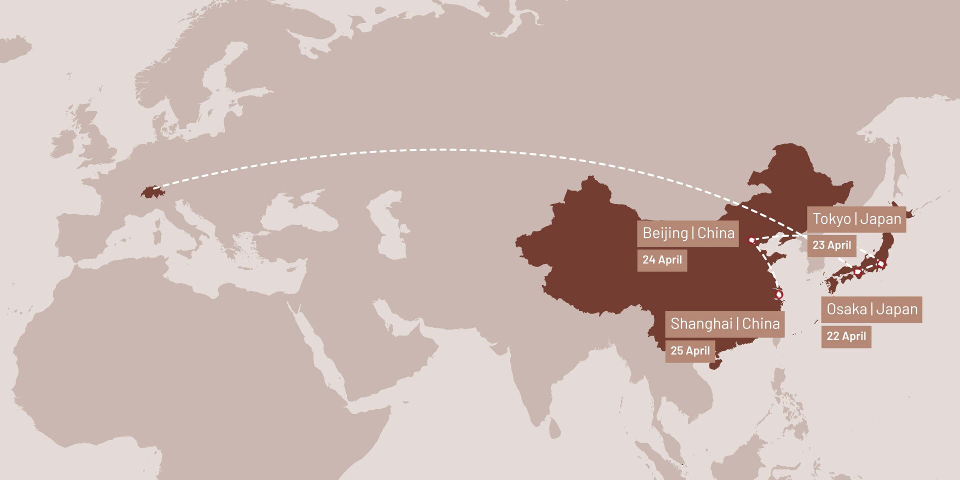 The picture shows a map of the various stopovers of Federal Councillor Cassis: Osaka, Tokyo, Beijing and Shanghai.