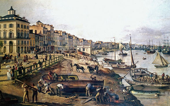 Gemälde von Bordeaux 1806, wichtiger Hafen für Schweizer Handel und Auswanderung, gemalt von Pierre Lacour.