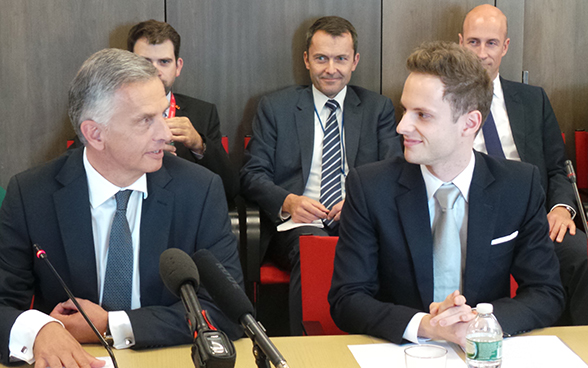 The President of the Swiss Confederation, Didier Burkhalter, and Damian Vogt, Swiss Youth Representative to the UN, at a press conference during the high-level week of the UN General Assembly.