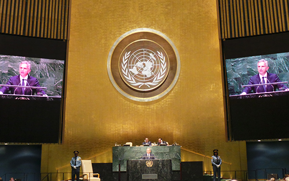 President of the Swiss Confederation, Didier Burkhalter, holds a speech at the 69th session of the UN General Assembly. 