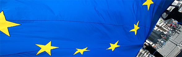 Image of the European flag in front of the Cinquantenaire, Brussels