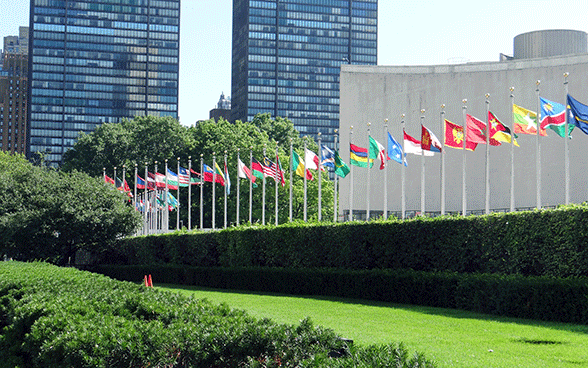 Flaggen verschiedener Länder auf Stangen auf dem Gelände des UNO-Hauptquartiers in New York.