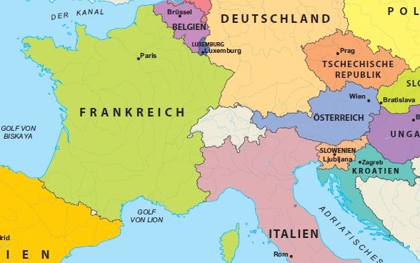 Karte Mitteleuropas mit der Schweiz und ihren Nachbarstaaten. 