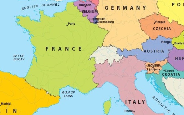 Map of Central Europe with Switzerland and neighbouring states.