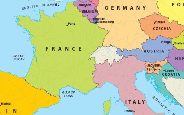 Map of Central Europe with Switzerland and neighbouring states.