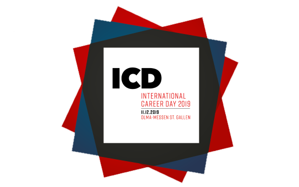 Le logo de l’International Career Day 2019 intégré dans des zones de couleur rouge et bleue.