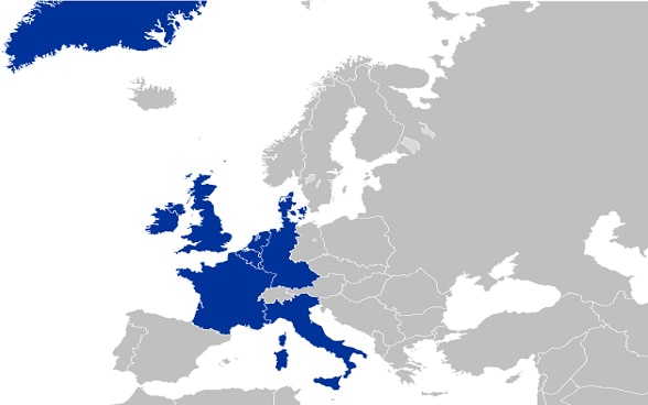 Map of Europe showing the nine member states of the enlarged European Communities in 1973.
