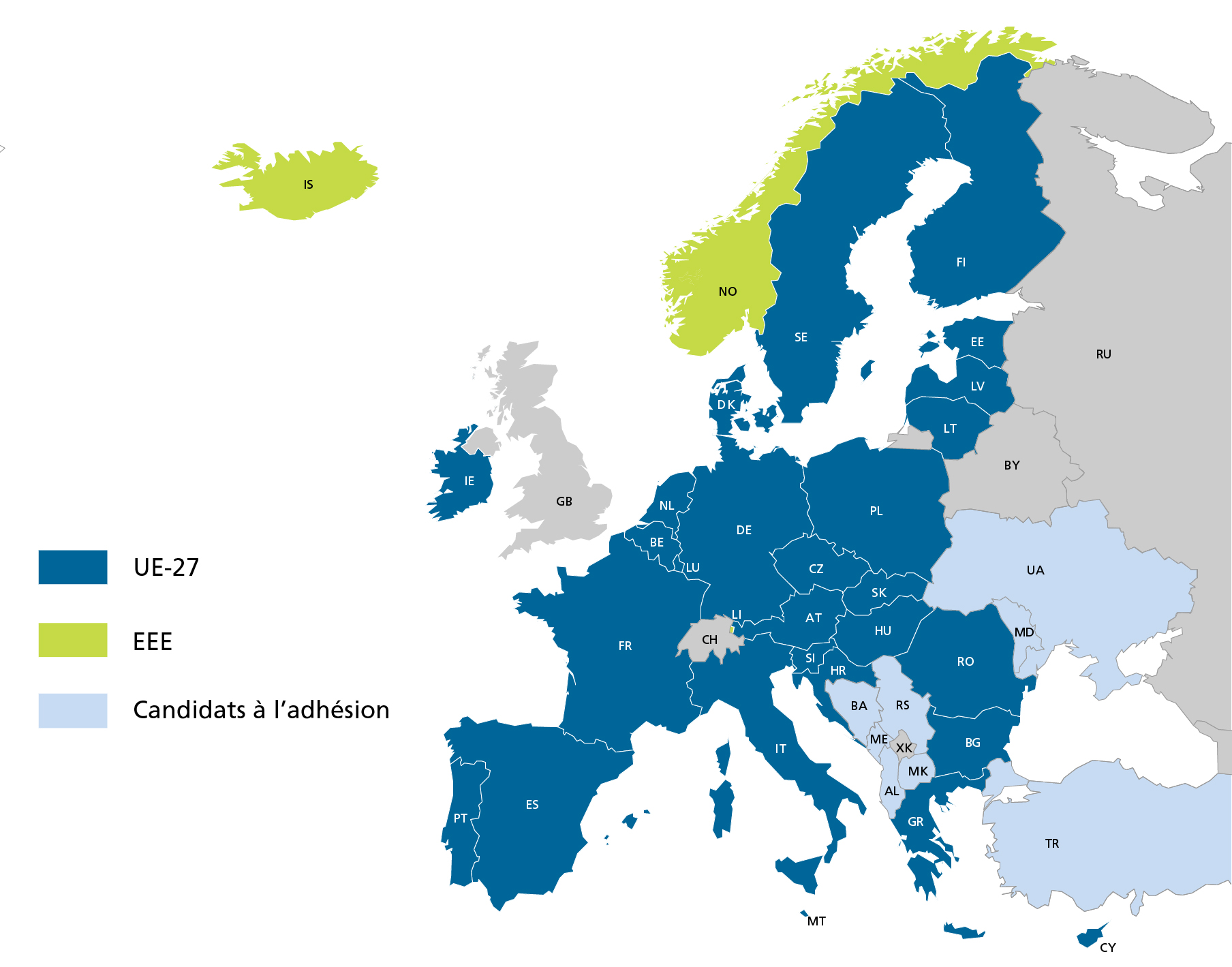 Carte de l’Europe avec les États membres marqués en couleur