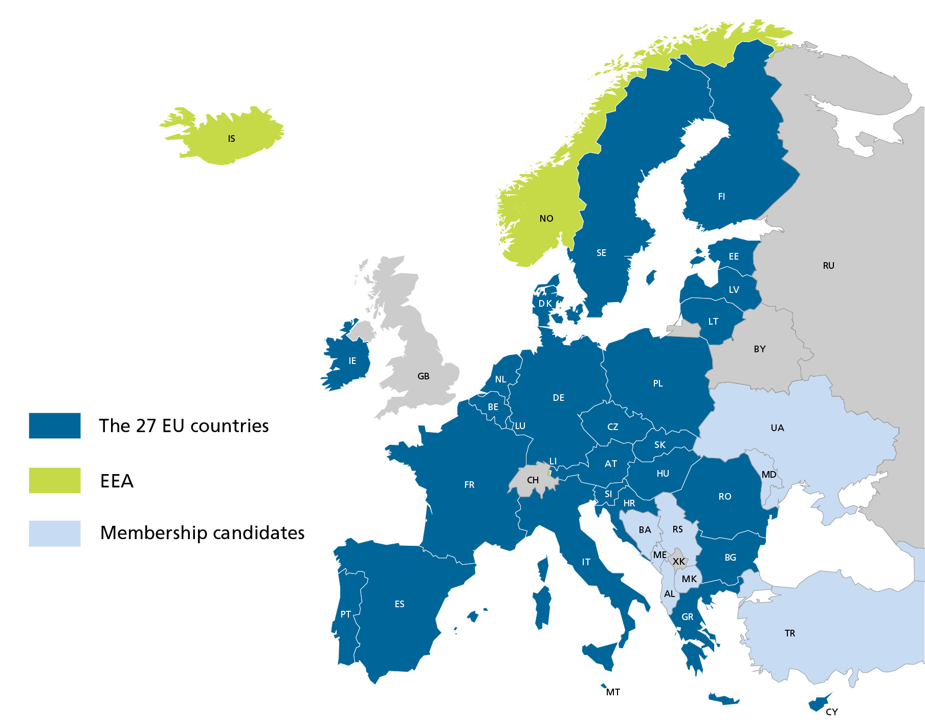 Map of Europe with member countries in various colours.