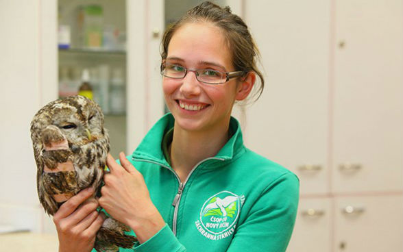 A young woman holding an owl whose right wing has received medical attention.