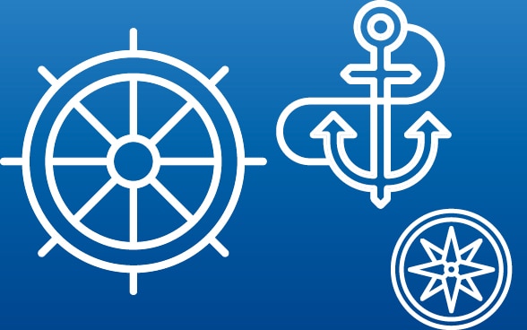 Ein Anker, ein Kompass und ein Steuer auf blauem Hintergrund